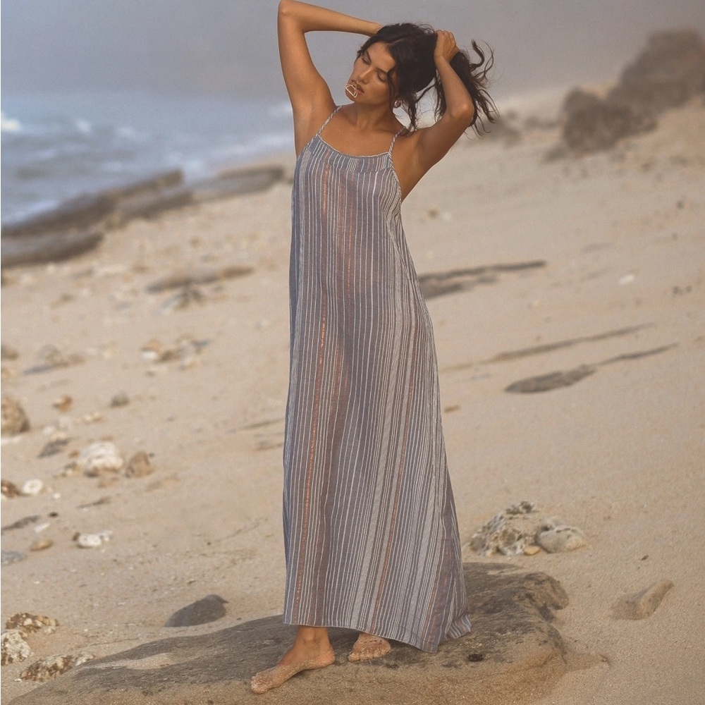 The Handloom Canggu Maxi Dress Navy with Metallic Stripes Sz S